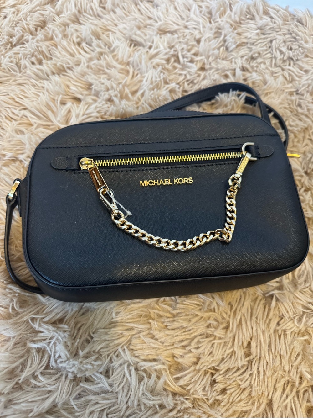 Michael Kors Black Crossbody Camera Bag with Gold Chain Accent